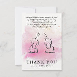 Cartão De Agradecimento Chá de fraldas Gêmeos Elefantes Obrigado
