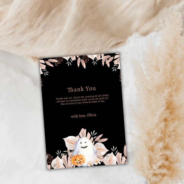 Cartão De Agradecimento Chá de fraldas Ghost Boo Boo Boo, Pequeno Elegante (Black Elegant Little Boo Boho Ghost Baby Shower Thank You Card)