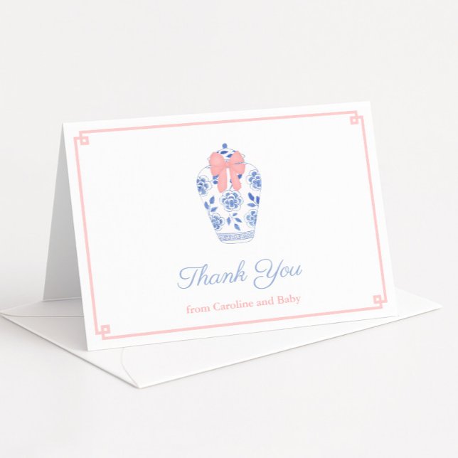 Cartão De Agradecimento Chá de fraldas Ginger Jar de Arco Rosa Chic Person (Ginger jar with pink bow and pink greek key border baby girl shower folded thank you cards)