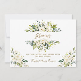 Cartão De Agradecimento Chá de fraldas Gracias Douradas Floral Branco da W