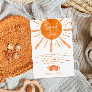 Cartão De Agradecimento Chá de fraldas laranja boho-sol