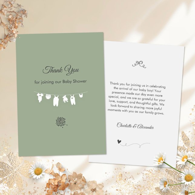 Cartão De Agradecimento Chá de fraldas Minimalista do Sage Green Boho (Minimalist Sage Green Gender Neutral Baby Shower Thank You Card ©Susanne Sachers - Sunny Mind 🌞)