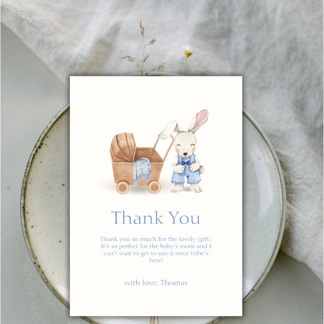 Cartão De Agradecimento Chá de fraldas Minimista Boho Stroller Rabbit Boy (Minimalist Boho Stroller Rabbit Boy Baby Shower Thank You Card)
