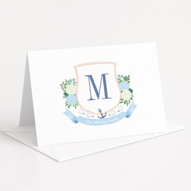 Cartão De Agradecimento Chá de fraldas Monograma Costeiro Azul E Branco (Single letter coastal-inspired monogram crest thank you card designs)