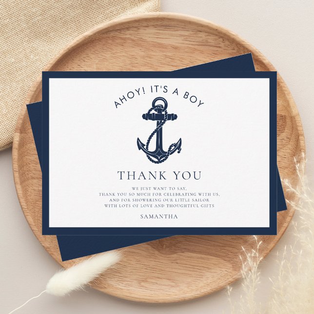 Cartão De Agradecimento Chá de fraldas Náutico Anchor Boy (Elegant Nautical Anchor Baby Shower Thank You)