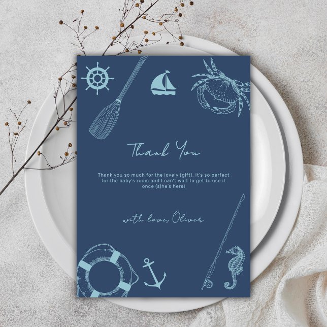 Cartão De Agradecimento Chá de fraldas Náutico Mínimo de Pesca Moderno (Modern Minimal Fishing Nautical Boy Baby Shower Thank You Card)