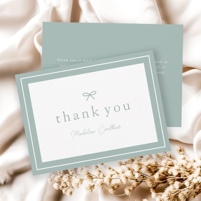 Cartão De Agradecimento Chá de fraldas neutro de sexo simples e elegante (Simple bow sage green gender neutral baby shower thank you cards.)