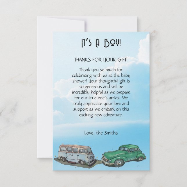 Cartão De Agradecimento Chá de fraldas para um menino, van e sedan (Frente)
