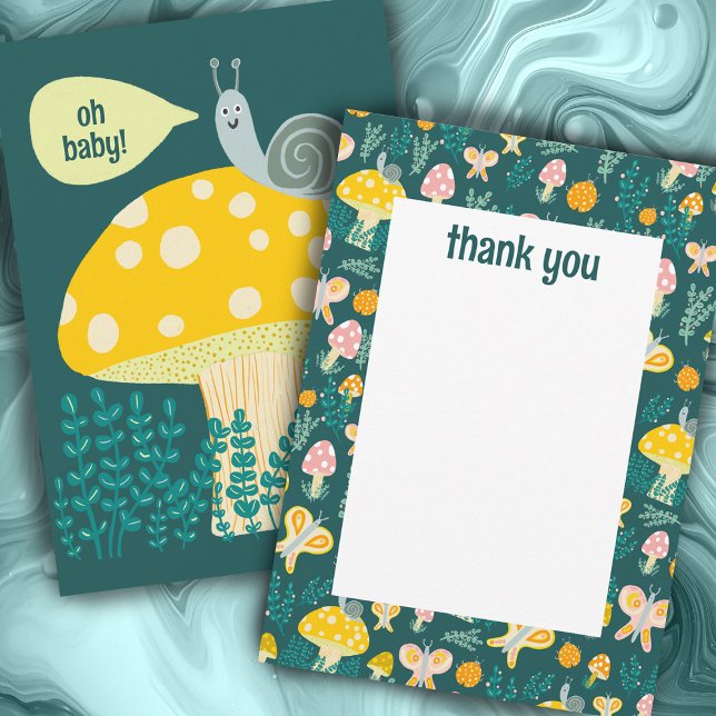 Cartão De Agradecimento Chá de fraldas PERSONALIZÁVEL Adorável De Cogumelo (Snail Mushroom Cute Adorable CUSTOM BABY SHOWER Thank You Card
)