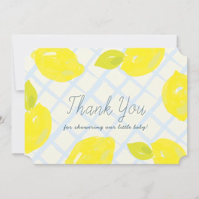 Cartão De Agradecimento Chá de fraldas Pintado com Lemon Blue Checks (Frente)