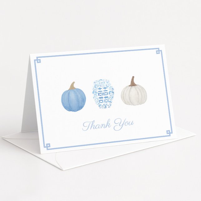 Cartão De Agradecimento Chá de fraldas Pumpkins de Chinoiserie White Azul (Preppy blue and white watercolor pumpkins thank you card design with ginger jar)