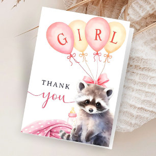 Cartão De Agradecimento Chá de fraldas Raccoon Moça Rosa Dobrada