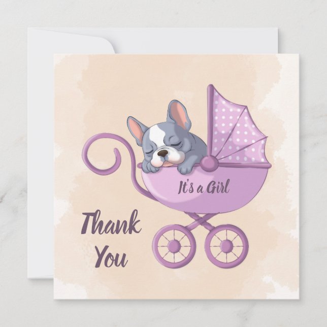 Cartão De Agradecimento Chá de fraldas-Rolo-Rosa-Rosa-Pinheiro-Bulldog Fra (Frente)