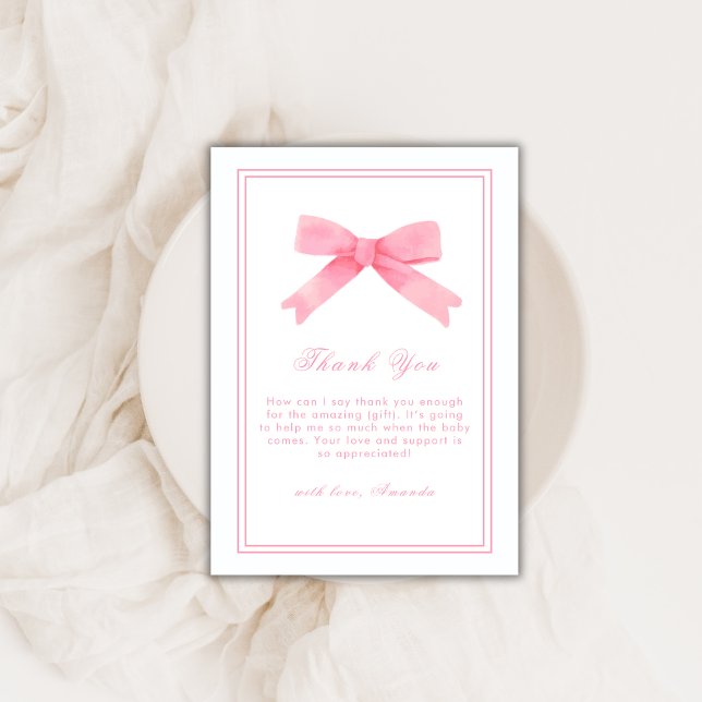 Cartão De Agradecimento Chá de fraldas rosa-Arco- (Pink Cute Bow Girl Baby Shower Thank You Card)