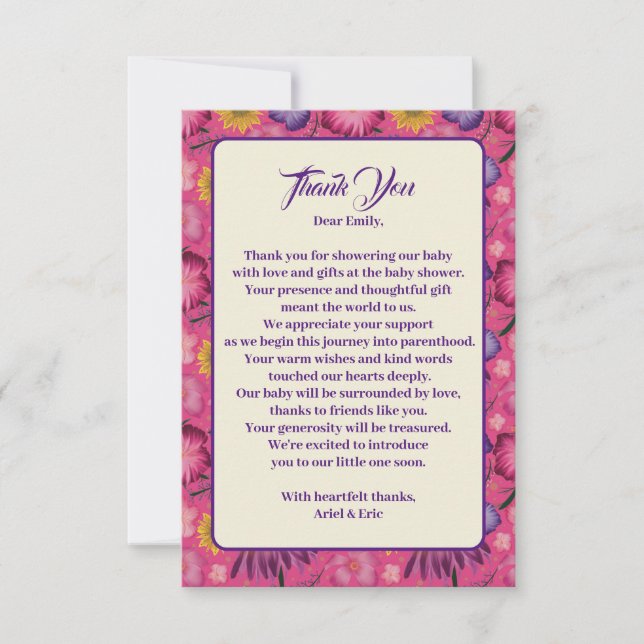 Cartão De Agradecimento Chá de fraldas Rosa de Flor Selvagem Encharcado (Frente)