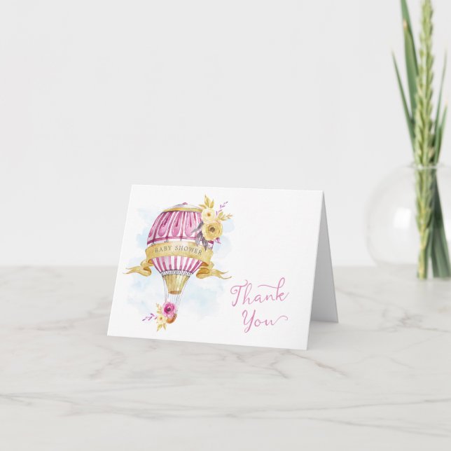 Cartão De Agradecimento Chá de fraldas Rosa Dourado de Balão de Ar Quente  (Frente)