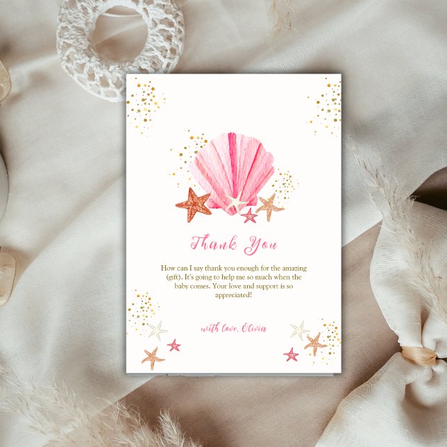 Cartão De Agradecimento Chá de fraldas rosa Elegante de Verão de Starfish (Pink Elegant Summer Starfish Seashell Baby Shower Thank You Card)