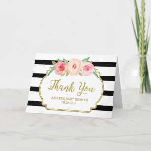 Cartão De Agradecimento Chá de fraldas Rosa Floral Black Stripes Agradecid