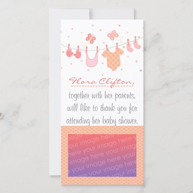 Cartão De Agradecimento Chá de fraldas: Roupa do bebê no clothesline (Frente)