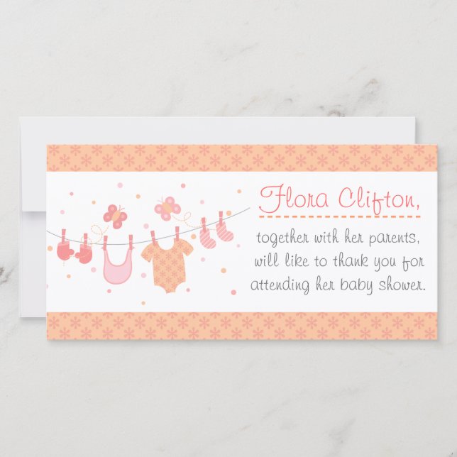 Cartão De Agradecimento Chá de fraldas: Roupa do bebê no clothesline (Frente)