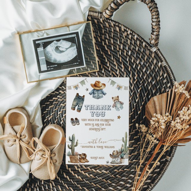 Cartão De Agradecimento Chá de fraldas Russo Ocidental Boho Little Cowboy (Criador carregado)