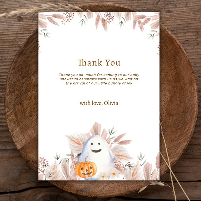 Cartão De Agradecimento Chá de fraldas Rustic Elegante Pequeno Boo Boho Gh (Rustic Elegant Little Boo Boho Ghost Baby Shower Thank You Card)