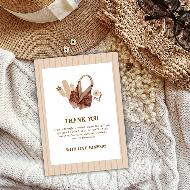 Cartão De Agradecimento Chá de fraldas Rústico Neutro de Garota do Boho Ca (Neutral Rustic Boho Cactus Cowgirl Baby Shower Thank You Card)