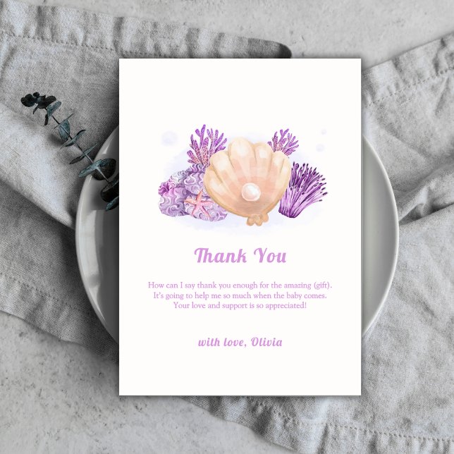 Cartão De Agradecimento Chá de fraldas Rústico Roxo de Célula de Pérolas (Purple Rustic Pearl Seashell Baby Shower Thank You Card)
