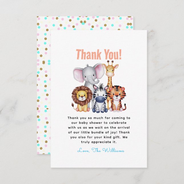 Cartão De Agradecimento Chá de fraldas Selvagem de Animais Safari (Frente/Verso)