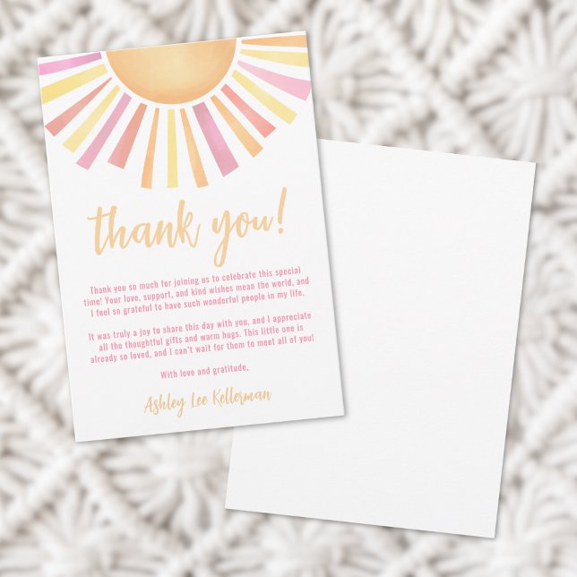 Cartão De Agradecimento Chá de fraldas Sol Rosa Sol (Sunshine Pink Sun Baby Shower Thank You Card )