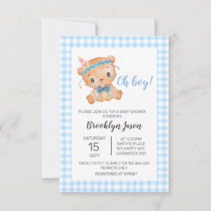Cartão De Agradecimento Chá de fraldas Teddy Bear Oh Boy Blue Gingham