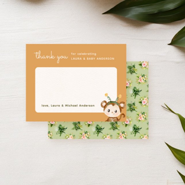 Cartão De Agradecimento Chá de fraldas Tropical da Selva de Macacos (Thank you card for a safari baby shower party featuring a cute monkey and tropical botanicals)