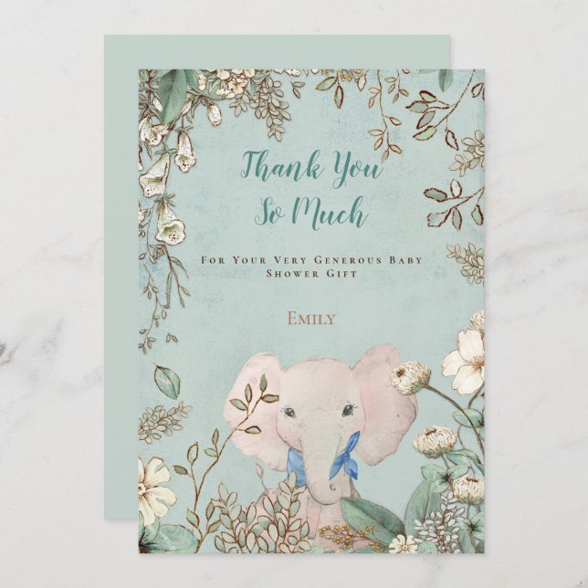 Cartão De Agradecimento Chá de fraldas Verde Botânico do Elefante Fresco V (Frente/Verso)