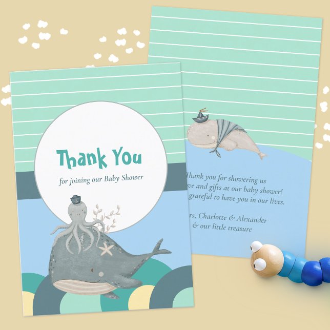 Cartão De Agradecimento Chá de fraldas Verde Octopus de Baleia Náutica Ado (Lovable Nautical Whale Squid Green Baby Shower Thank You Card ©Susanne Sachers - Sunny Mind Design )