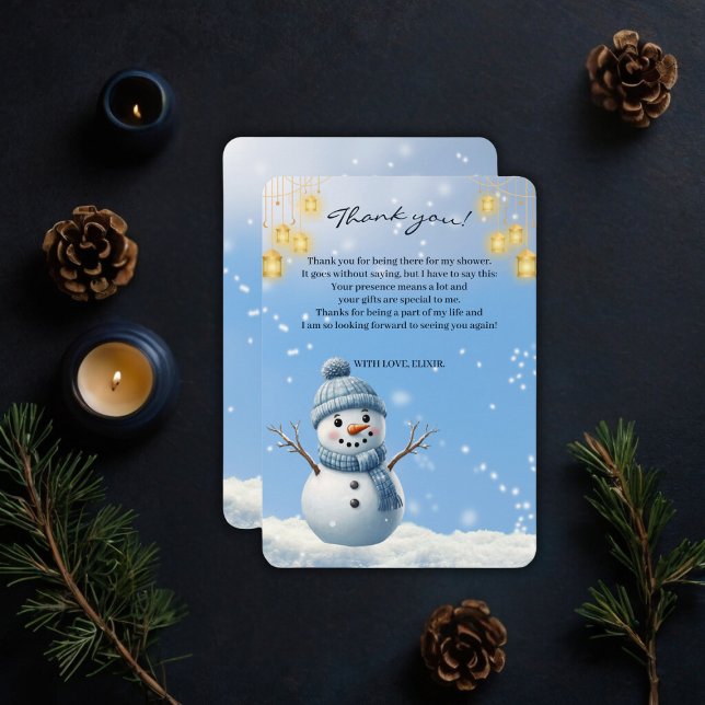 Cartão De Agradecimento Chá de fraldas Whimsical Blue Elegant Winter Snowm (Criador carregado)