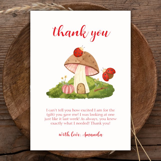 Cartão De Agradecimento Chá de fraldas Woodland Ladybug Mushroom (Woodland Ladybug Mushroom Baby Shower Thank You Card)