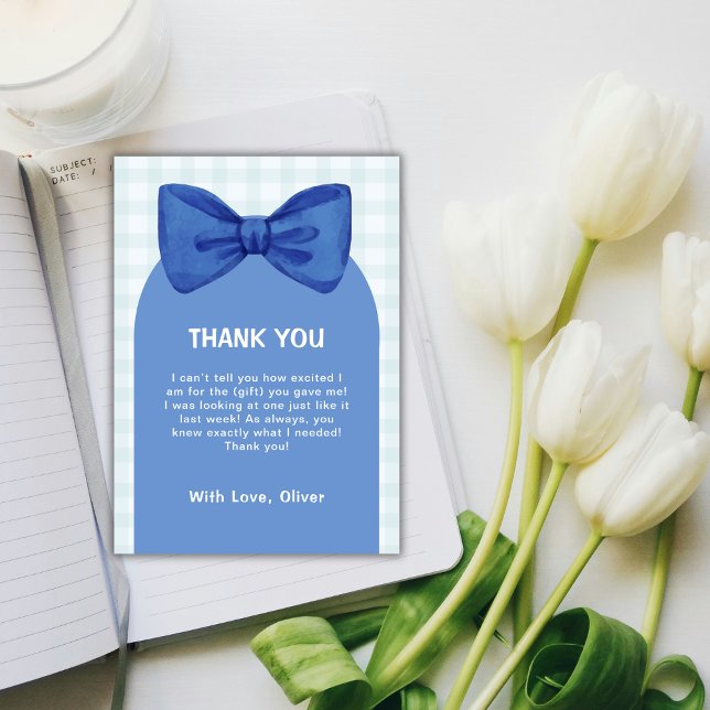 Cartão De Agradecimento Chá de fraldas Xadrez Arco de Gingham, Arco Azul C (Cute Blue Arch Gingham Plaid Bow Boy Baby Shower Thank You Card)