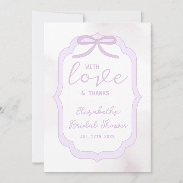 Cartão De Agradecimento Chá de Noiva Aquarela com Laço Roxo (Frente)