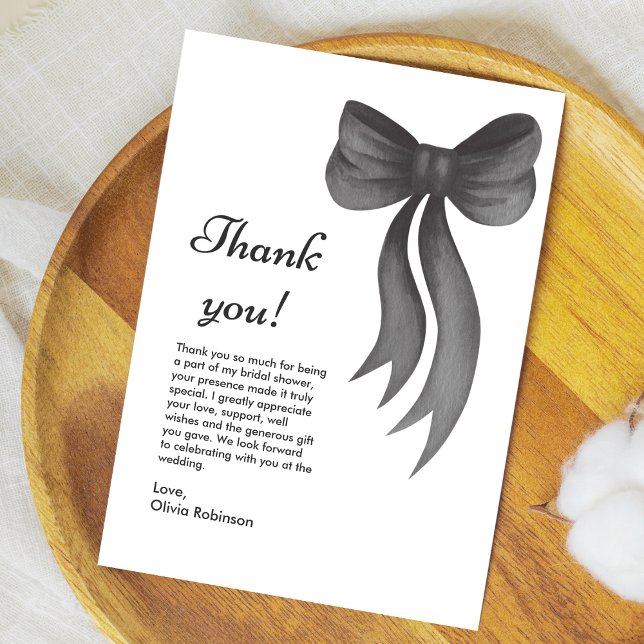Cartão De Agradecimento Chá de Noiva Arco Preto Ela Está Dando o Nó  (Black Bow She's Tying the Knot Bridal Shower Thank You Card  )