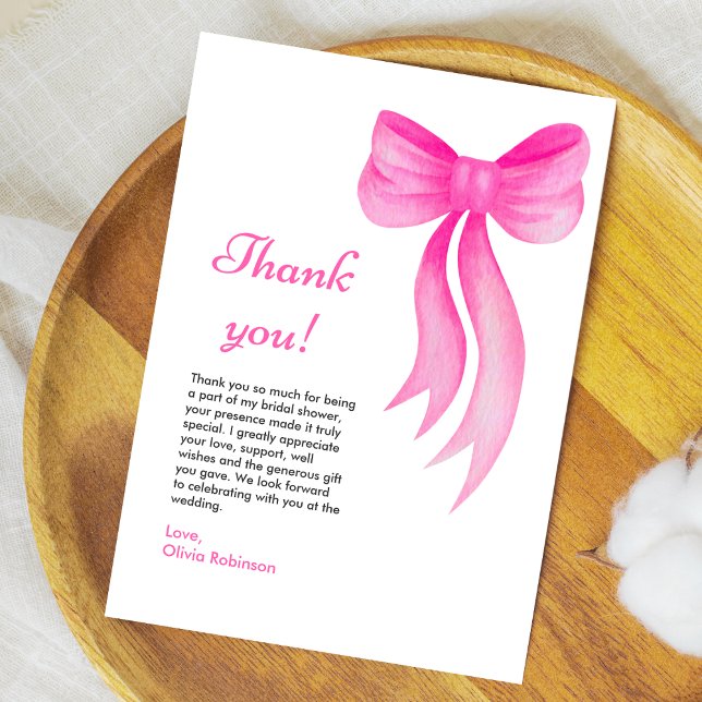 Cartão De Agradecimento Chá de Noiva Arco Rosa Ela Está Fazendo o Nó (Pink Bow She's Tying the Knot Bridal Shower Thank You Card   )