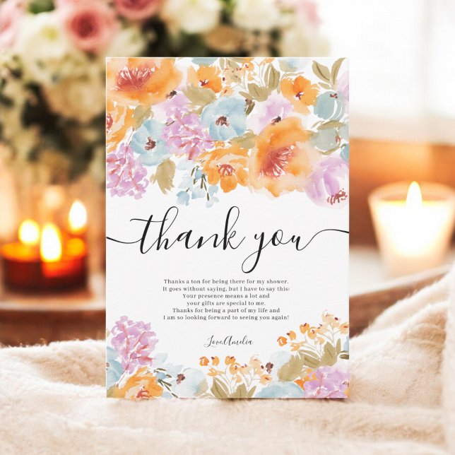 Cartão De Agradecimento Chá de Noiva Boêmio Floral Aquarelado Pintado à Mã (Hand-Painted Boho Floral Watercolor Bridal Shower Thank You Card)