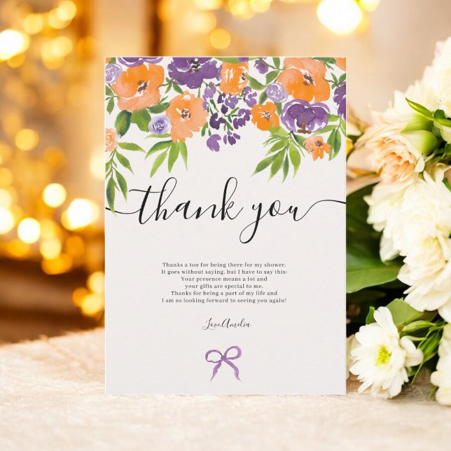 Cartão De Agradecimento Chá de Noiva Boho Roxo Laranja Floral Aquarela (Boho Purple Orange Floral Watercolor Bridal Shower Thank You Card)