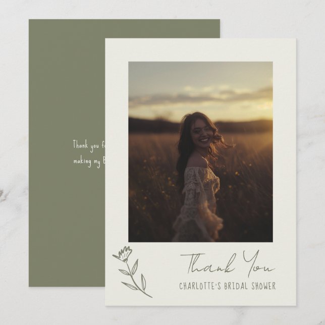 Cartão De Agradecimento Chá de Noiva Caprichoso Verde Floral Desenhado à M (Frente/Verso)