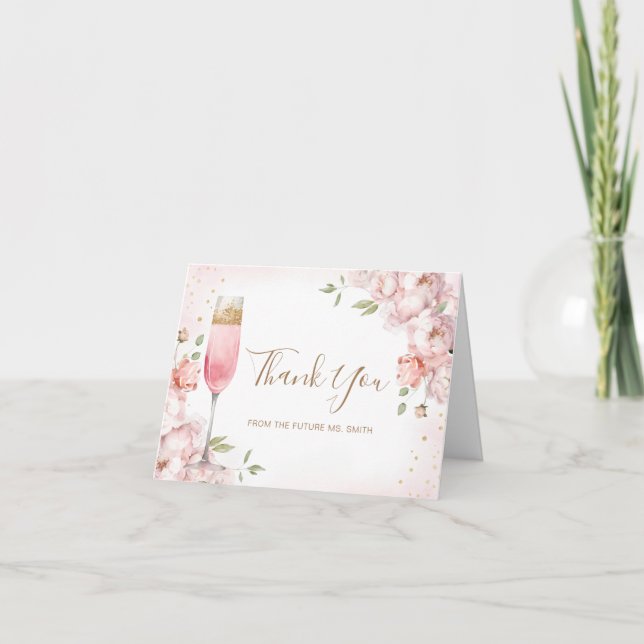 Cartão De Agradecimento Chá de Noiva Elegante com Flores Rosas, Brunch e E (Frente)