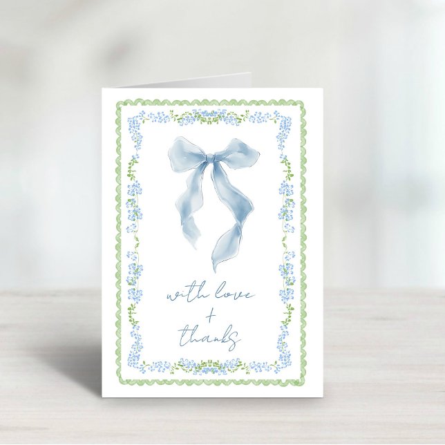 Cartão De Agradecimento Chá de Noiva Elegante em Azul com Aquarela  (Elegant Blue Bow Watercolor Bridal Shower Thank You Card)