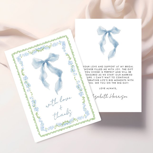 Cartão De Agradecimento Chá de Noiva Elegante em Azul com Aquarela (Elegant Blue Bow Watercolor Bridal Shower Thank You Card)
