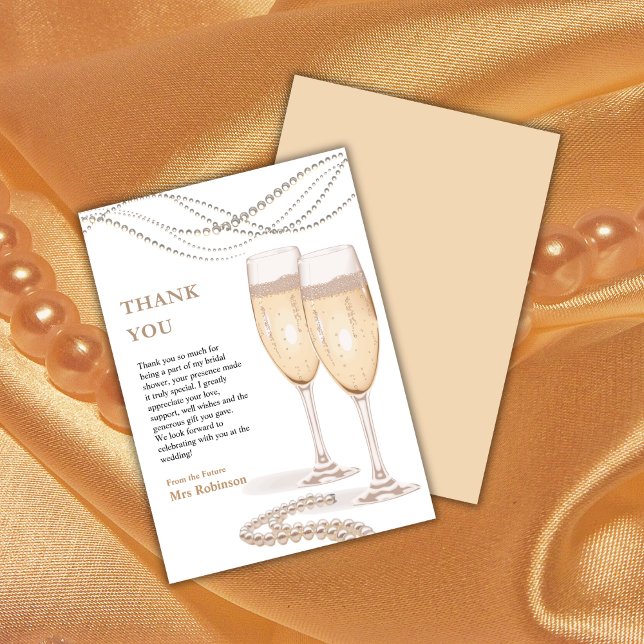 Cartão De Agradecimento Chá de Noiva Elegante Pérolas Douradas e Prosecco (Elegant Gold Pearls & Prosecco Bridal Shower Thank You Card  )
