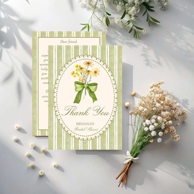 Cartão De Agradecimento Chá de noiva elegante retrô em listras verde-sálvi (Sage green retro stripes grand millennial bridal shower elegant thank you cards)