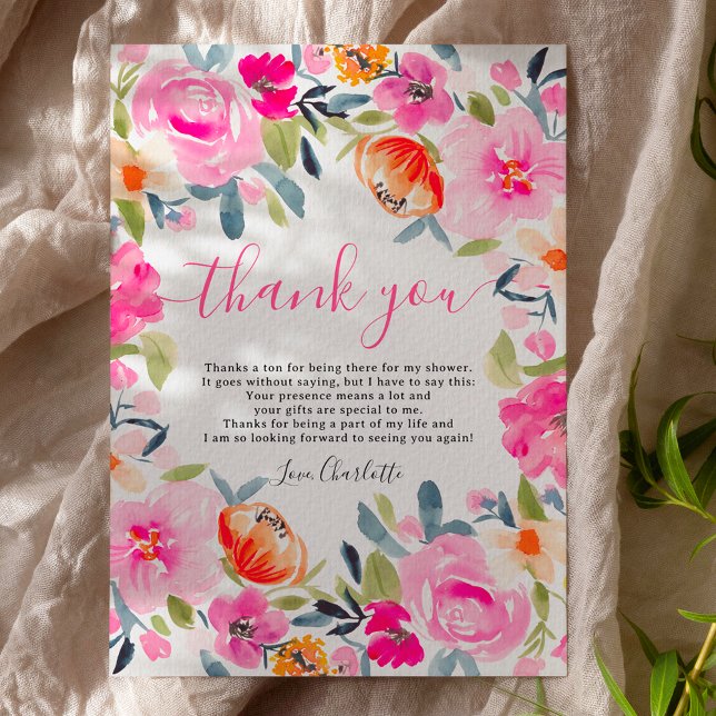 Cartão De Agradecimento Chá de noiva em aquarela floral ousada boêmia (Bohemian bold floral watercolor bridal shower thank you card on white)