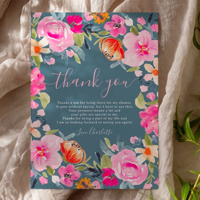 Cartão De Agradecimento Chá de noiva em aquarela floral ousada boêmia (Bohemian bold floral watercolor bridal shower thank you card)